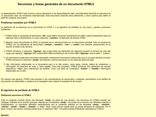 Secciones y líneas generales de un documento HTML5 screenshot