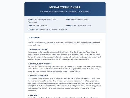 KW_Karate_Dojo_Release_Waiver_Form screenshot