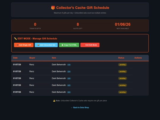 gifting-schedule screenshot