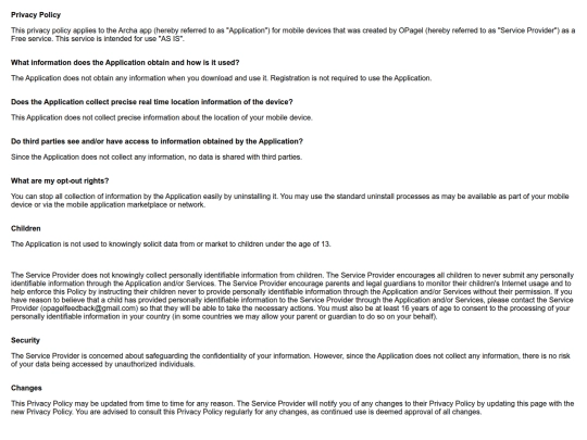 archaprivacypolicy screenshot