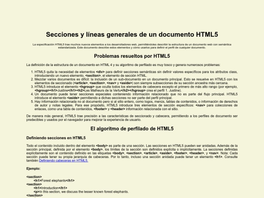 Secciones y líneas generales de un documento HTML5 screenshot