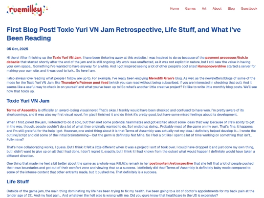 posts/2025-10-05-First-Blog-Post--Toxic-Yuri-VN-Jam-Retrospective--Life-Stuff--and-What-I-ve-Been-Reading screenshot