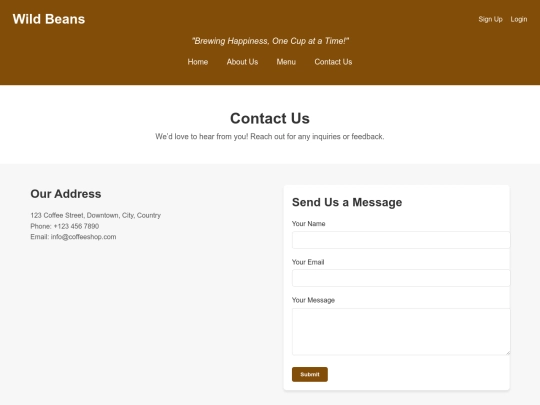 coffee shop/contactUs screenshot