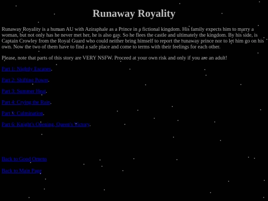 Stories/Good Omens Fanfictions/Runaway Royality/RRChapterIndex screenshot