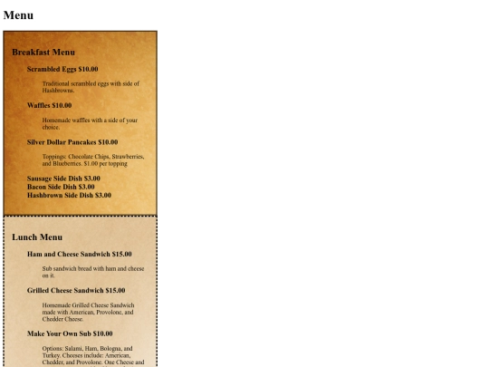 Menu screenshot