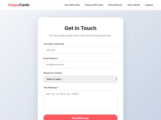 Giftcards/support screenshot