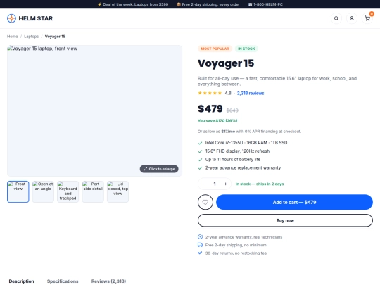 helmStar/products/laptops/voyager-15 screenshot