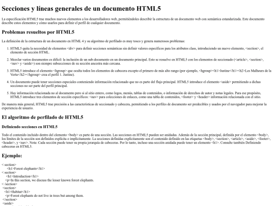 Secciones y líneas generales de un documento HTML5 screenshot