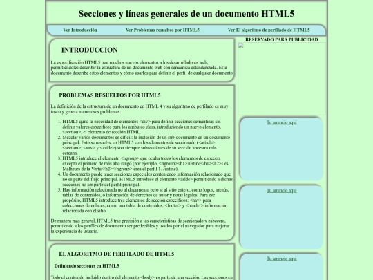 secciones y lineas generales de un documento HTML5 screenshot