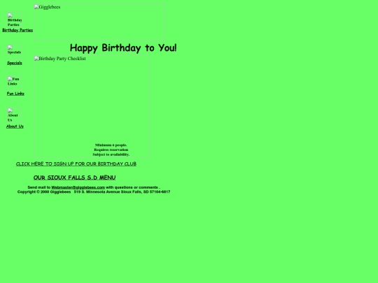 Gigglebees/Birthday Parties/Gigglebees Birthday Party Page screenshot