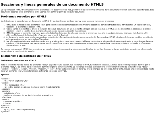 Secciones y líneas generales de un documento HTML5 screenshot